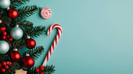 Festive holiday decorations with candy canes and ornaments.