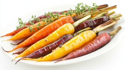 A plate of colorful roasted rainbow carrots with honey glaze and fresh thyme, Each carrot’s caramelized edges and tender texture captured with precision