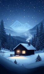 Phone Wallpaper Cozy Cabin in Snowy Forest Under Starry Winter Night Sky