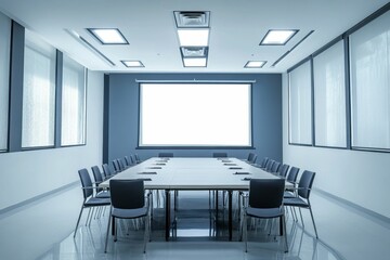 Empty modern conference room, large screen.