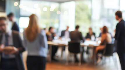 Meeting Room Blur: A blurred image of professionals in a meeting at a corporate event. 