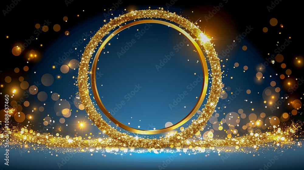 Poster golden glitter ring frame with sparkling bokeh on dark background..