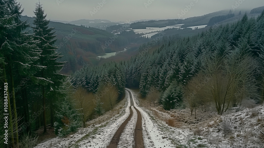 Poster snow-dusted forest path winding through winter hills..