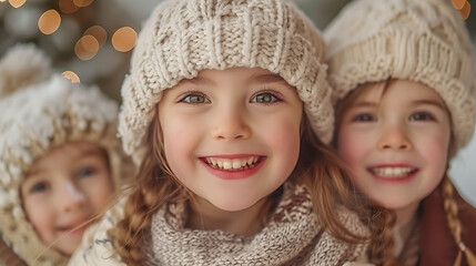 Obraz premium Smiling Children in Cozy Winter Hats Enjoying a Festive Day..
