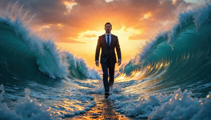 Businessman walking on water between giant waves at sunset