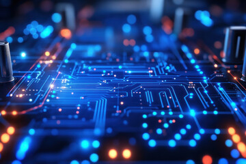 Circuit board with intricate circuit design, highlighted by various colored lines and electronic components, symbolizing technology and innovation.