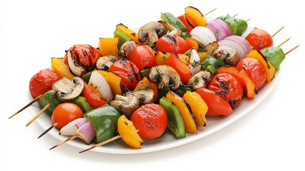 A plate of colorful vegetable kabobs with cherry tomatoes, bell peppers, mushrooms