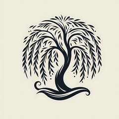 Stylized weeping willow tree illustration, black silhouette on beige background.