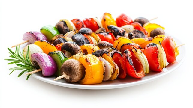 A plate of colorful vegetable kabobs with cherry tomatoes, bell peppers, mushrooms