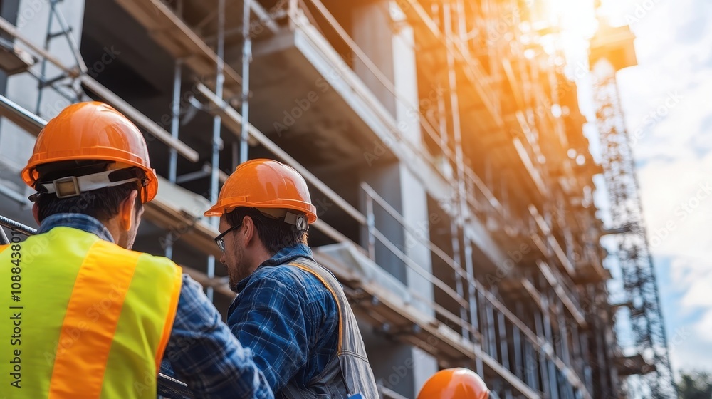 Poster construction workers in hard hats overseeing a building site with scaffolding and cranes.
