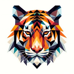 Geometric tiger head portrait in vibrant colors.