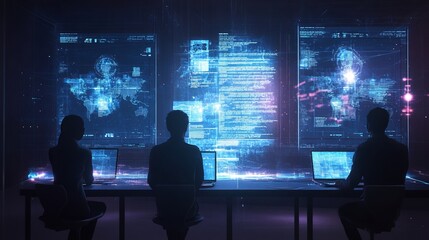 Programmers analyzing smart contract frameworks in a futuristic tech lab setting digital environment collaborative viewpoint innovative concepts