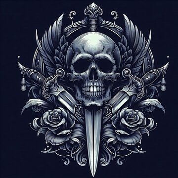 A detailed skull illustration with crossed daggers, wings, roses, and ornate details on a dark background.