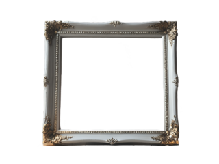 Antique Ornate picture frames in white and gold color with intricate details vintage style transparent background, png file