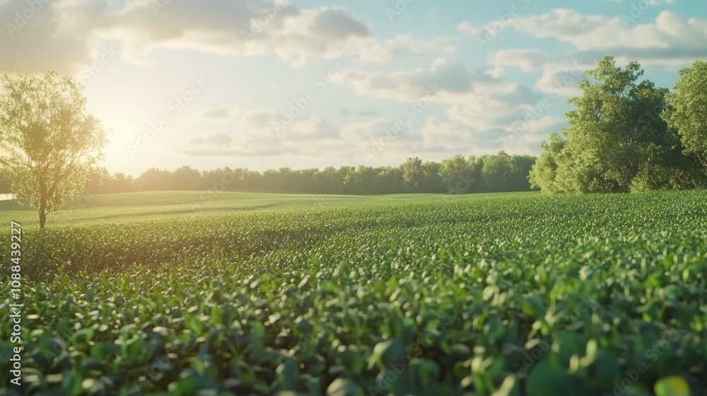 Poster A field of green grass with trees in the background