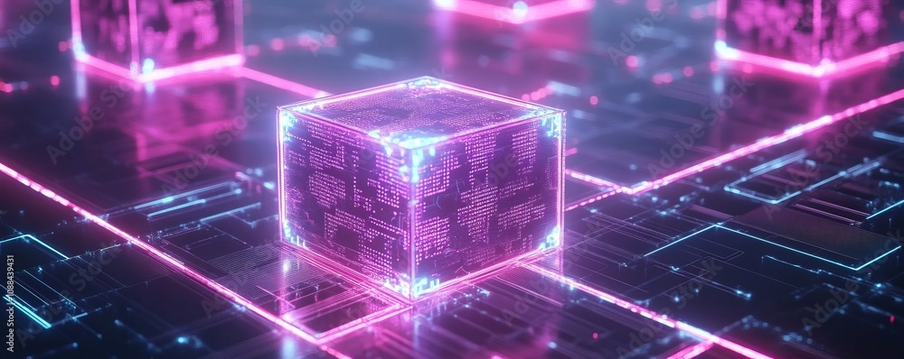Poster visualizing siamrat smart contract code as a holographic layer in a futuristic digital landscape a t