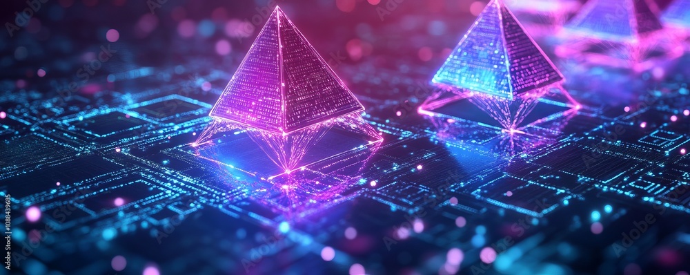 Poster visualizing smart contract code as holographic layered pyramids in a futuristic digital landscape hi