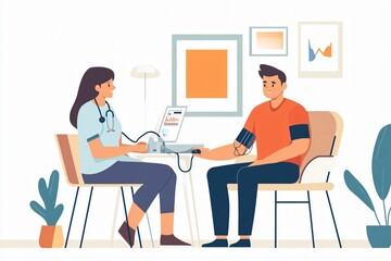 Illustration of a nurse checking a patient’s blood pressure in a friendly clinic environment. Flat design style highlighting primary care and health monitoring. Design for banners, posters, or healthc