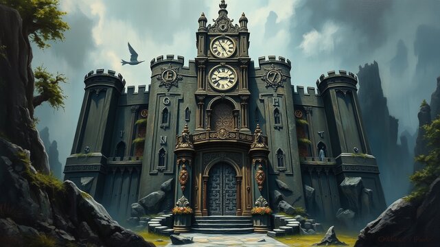 A foreboding granite structure stands tall, its rusticated walls blending seamlessly with the surrounding natural
