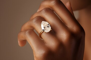 African American hand adorned with a pear-shaped diamond ring, close-up, warm lighting capturing the sparkle and timeless elegance
