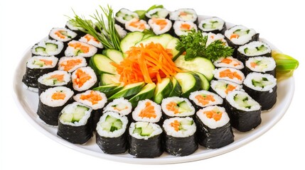A plate of colorful vegetable sushi rolls, Each roll filled with a variety of fresh, crunchy vegetables