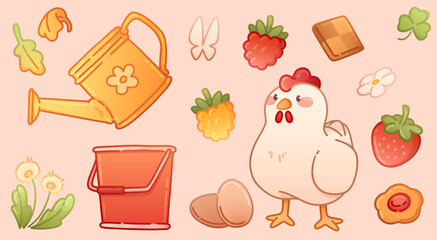 Cute farm scene with plump chicken beside fresh eggs, watering can with flower, red bucket, berries and leaves. Rustic cottagecore aesthetics or garden themed designs. Countryside lifestyle elements.