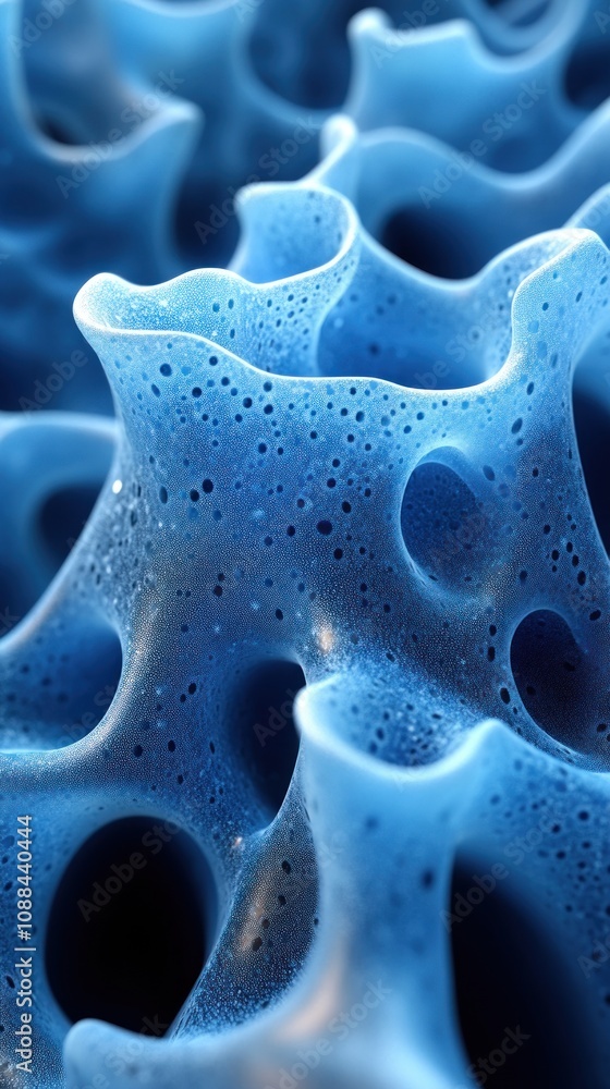 Poster close-up of intricate blue cellular structures resembling foam.