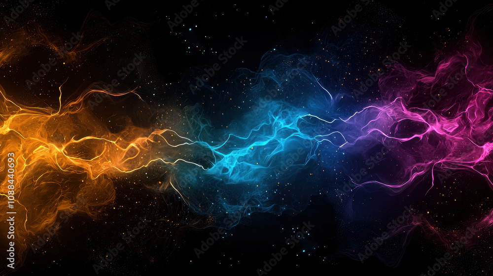 Poster multicolored lightning like sparks branching through cosmic background