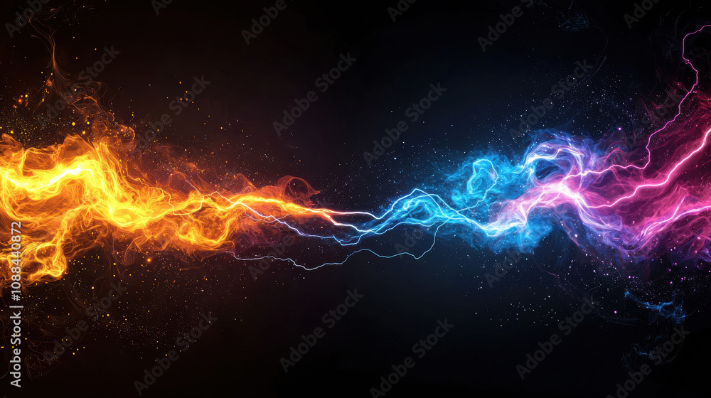 Poster bright and glowing multicolored electric sparks creating dynamic patterns