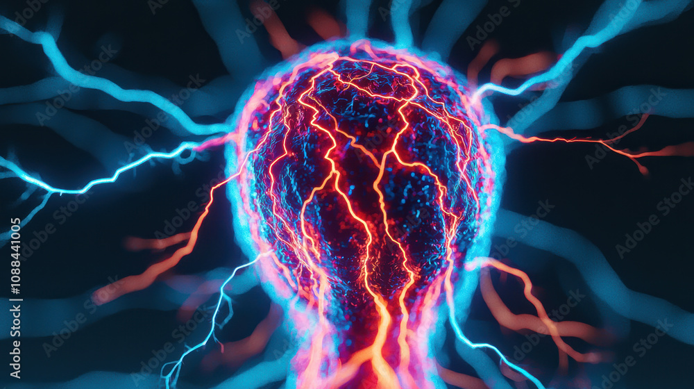 Poster multicolored electrical sparks glowing and branching in vibrant patterns