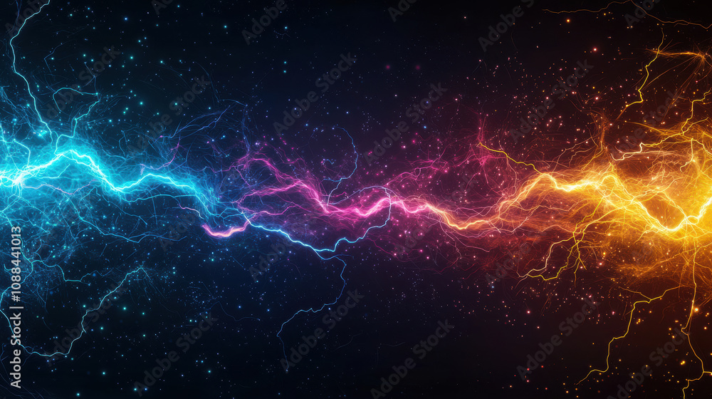 Poster luminous multicolored sparks create jagged lightning patterns in dark