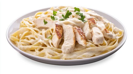 A plate of creamy chicken Alfredo pasta with tender chicken breast strips, fettuccine pasta, and creamy Alfredo sauce