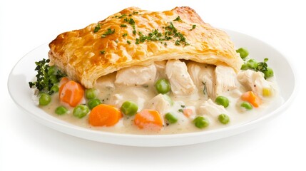 A plate of creamy chicken pot pie with tender chicken, mixed vegetables, and a flaky puff pastry crust