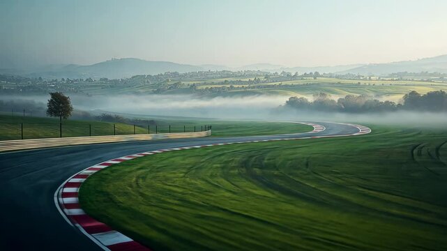 Serene Racetrack: Misty Morning Landscape - Powered by Adobe