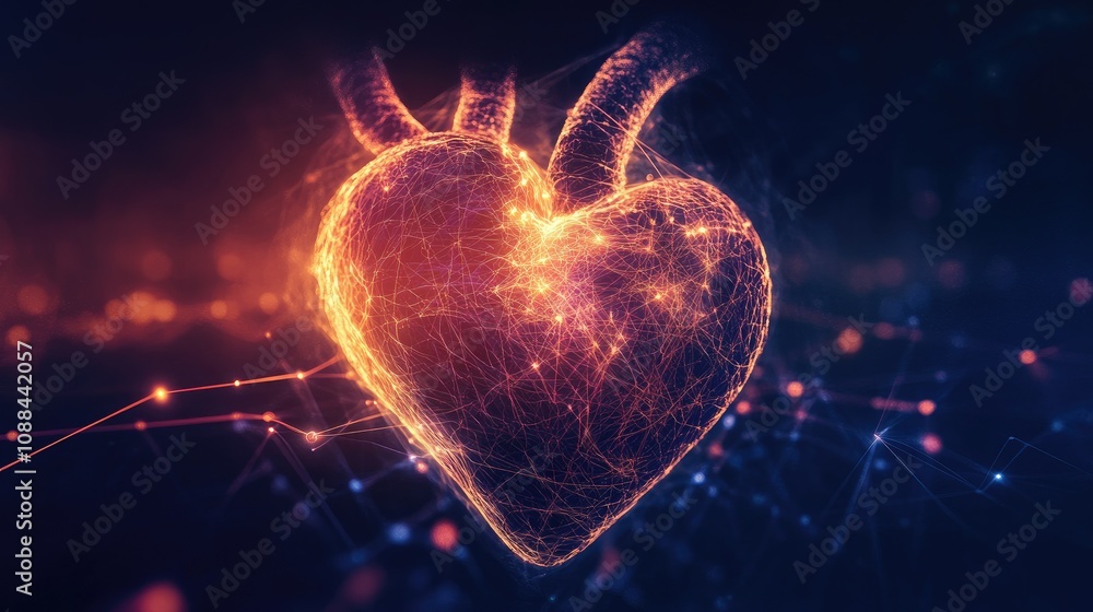 Poster abstract digital heart visual with glowing lines and illuminated nodes representing connection, love