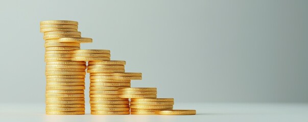 financial freedom independence strategy concept. Piles of gold coins forming a staircase pattern.