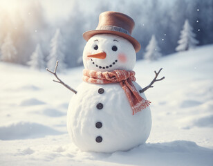 Obraz premium illustration of a snowman on the white snow background, he is wearing hat, scarf and buttons, Wonder and Joy