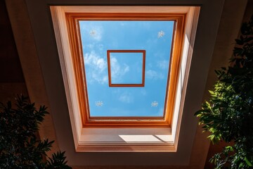 Ornamental skylight adorned with celestial motifs, sunlight streaming through, creating a heavenly atmosphere.