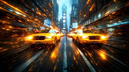 Dynamic view of yellow taxis in vibrant Times Square