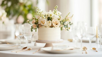A clean, elegant birthday setup with a small cake adorned picture