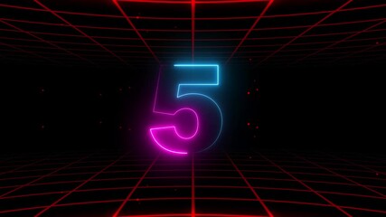 Virtual neon animated countdown. Top 0/5 countdown, neon light numbers from 0 to 5, Film leader countdown Grid Moving 4k loop animation Background  - Powered by Adobe