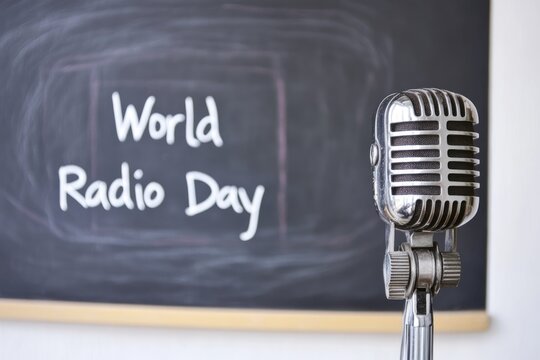Vintage Microphone on Chalkboard Celebrating World Radio Day
