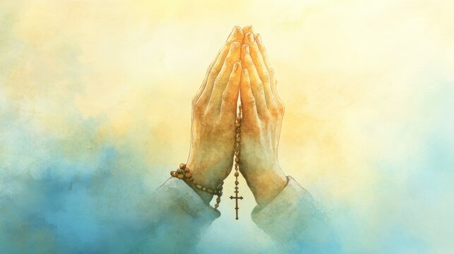 A subtle watercolor scene of praying hands with a rosary, picture