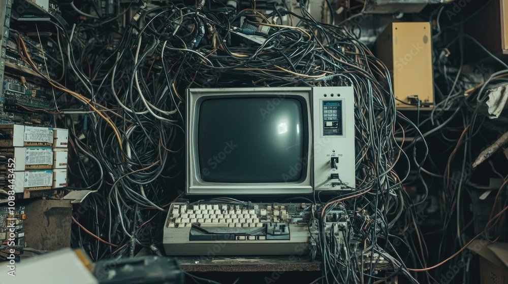 Poster vintage computer surrounded by tangles of cables in a cluttered workspace with dim lighting and nost