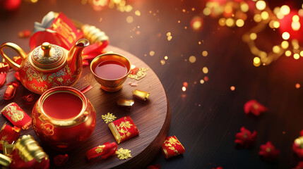 Elegant chinese new year tea set with festive red and gold decorations