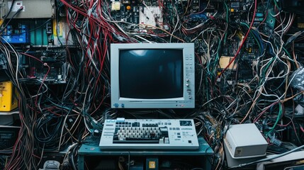 Fototapeta premium Intricate Network of Wires Surrounding an Old Computer in a Cluttered Environment Highlighting Technological Chaos and Vintage Equipment