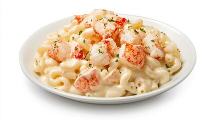 A plate of creamy lobster mac and cheese with tender lobster meat, macaroni pasta, and a creamy cheese sauce
