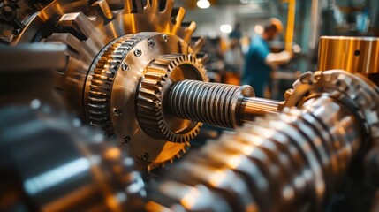Naklejka premium Close-up of industrial machinery with gears and metal components in a workshop setting.