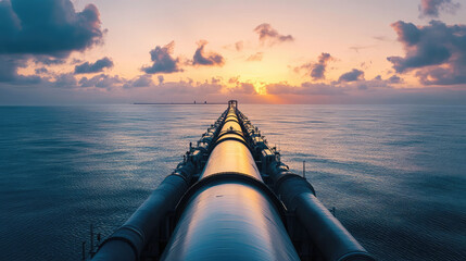 large industrial gas pipeline pipe on sea surface at sunset