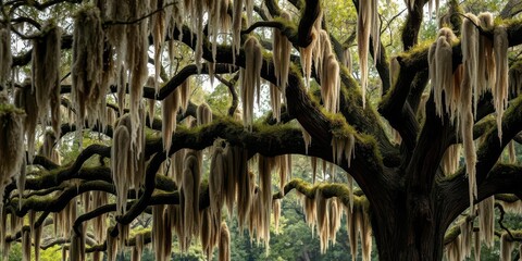 Spanish Moss gracefully draping from the branches of ancient oak trees in the deep south, creating a mysterious and enchanting atmosphere, Spanish Moss, atmospheric